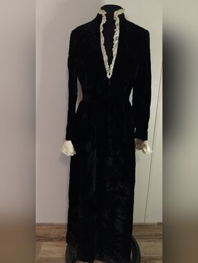 Victorian-Style Long Sleeve Black Velvet Maxi Dress with Ivory Ruffle Trim